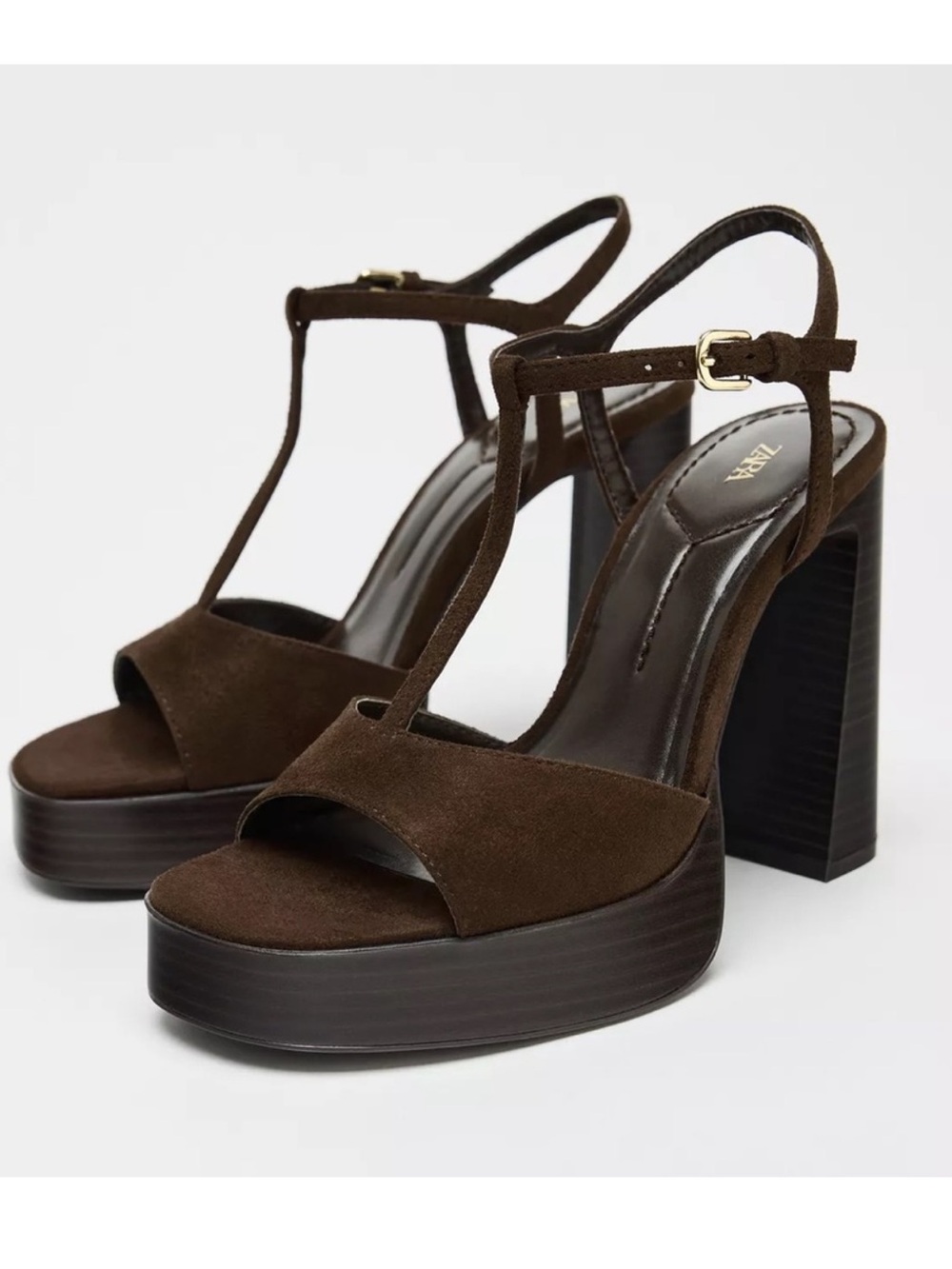 Zara Dark Brown Suede Platform T-Strap Heels